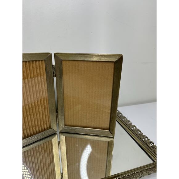 Vintage MCM Gold Tone Ornate Metal Tabletop Double Pictures Frame - Picture 8 of 9